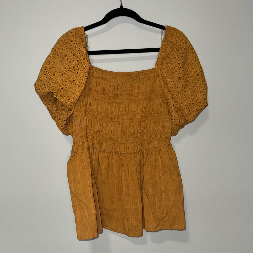 Maurices Womens Plus 1X Mustard Yellow Smocked Eyelet Puff Sleeve Babydoll Top